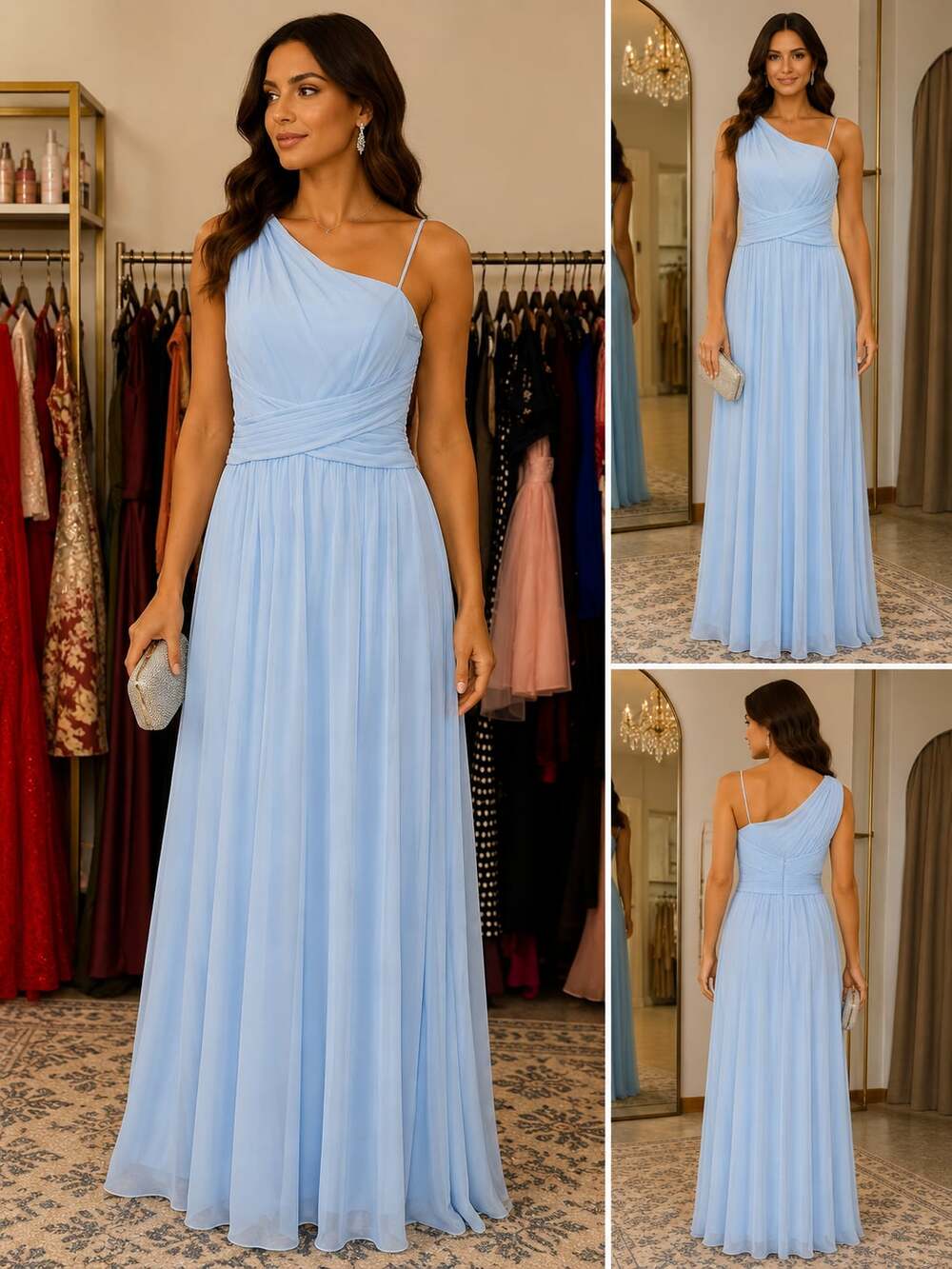 David's Bridal Long Mesh One-Shoulder Bridesmaid Dress, Color Ice Blue Size 6